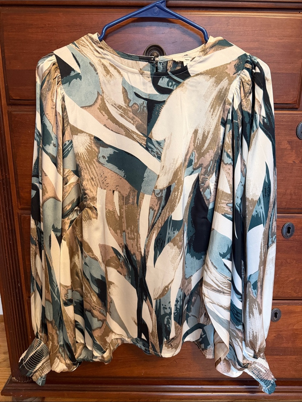 entro Abstract Blouson Sleeve Top - Teal, Tan & Cream